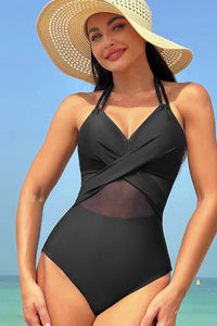 Black Halter Mesh Insert Cross Front One-Piece Swimsuit | Swimwear/One Piece Swimsuit