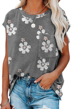 Load image into Gallery viewer, Gray Floral Cap Sleeve T-Shirt with Pocket | Tops/Tops &amp; Tees
