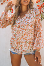 Load image into Gallery viewer, Orange Floral Print V Neck Long Puff Sleeve Top | Tops/Blouses &amp; Shirts
