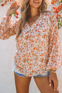 Orange Floral Print V Neck Long Puff Sleeve Top | Tops/Blouses & Shirts