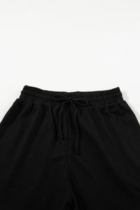 Drawstring Shorts Set | Black Casual Textured Tee and Shorts