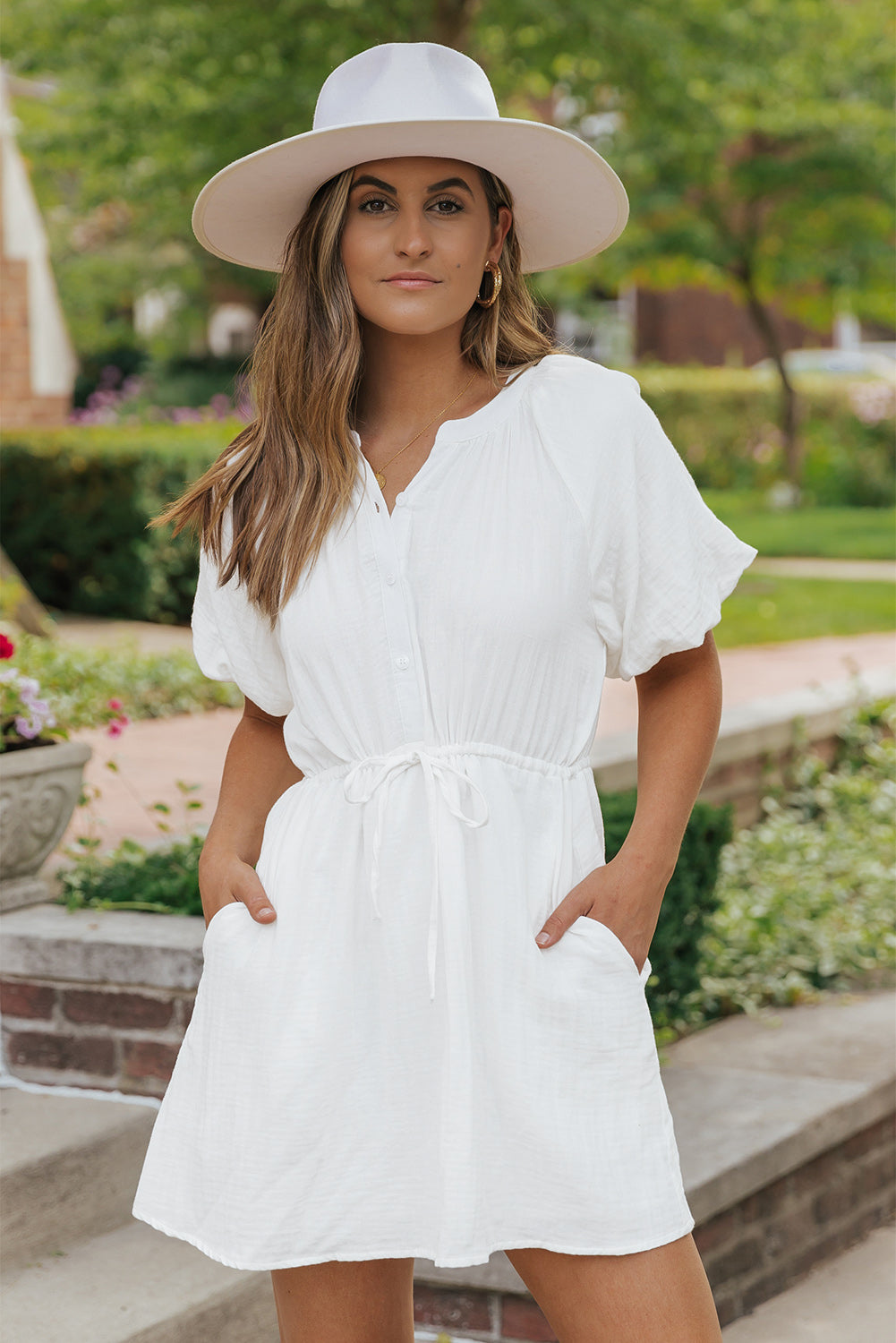 Puff Sleeve Dress |  Drawstring Shirt Dress with Pockets