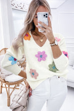 Load image into Gallery viewer, White Crochet Flower V Neck Sweater
