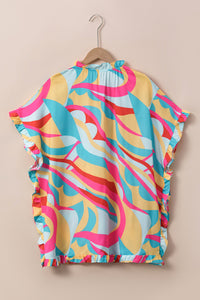 Multicolour Printed Frilled Batwing Sleeve Oversized Blouse | Tops/Blouses & Shirts