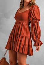 Load image into Gallery viewer, Brown Boho Solid Shirred Ruffle Mini Dress | Dresses/Mini Dresses
