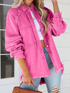 Womens Denim Jacket | Pink Button Down Raw Hem Denim Jacket | Denim Jacket