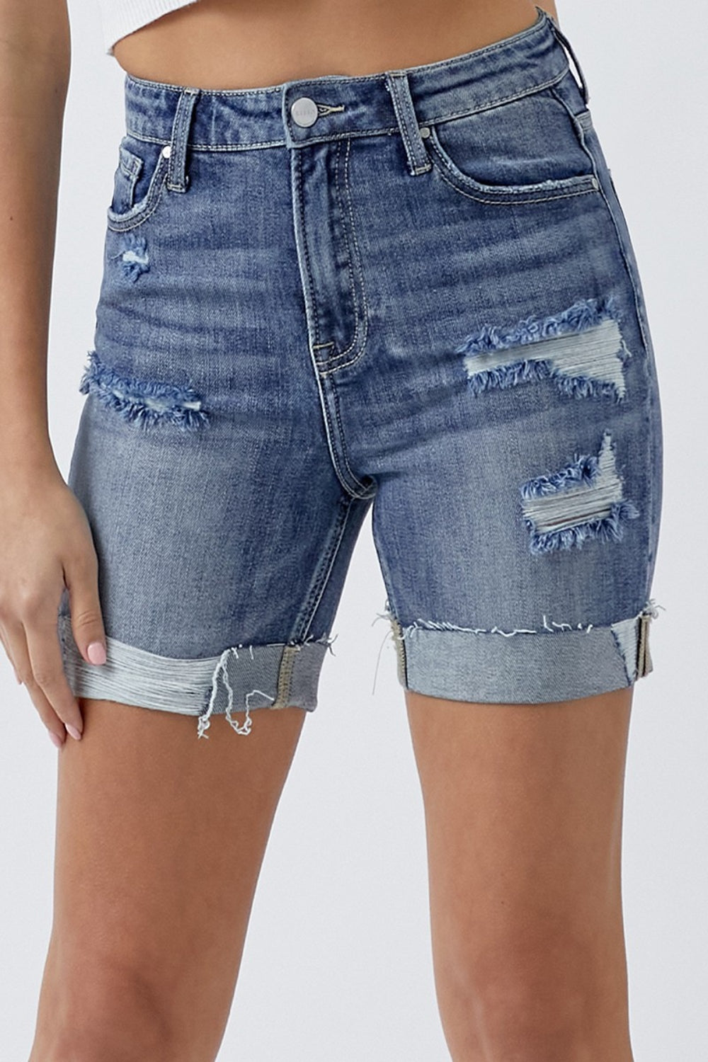 RISEN Full Size Distressed Rolled Denim Shorts with Pockets | blue jean shorts