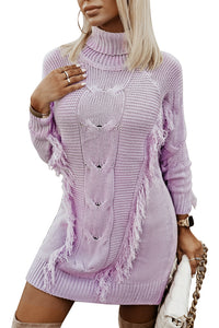 Sweater Dress | Purple Twist Fringe Casual High Neck