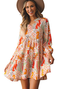 Multicolour Split Neck Puff Sleeve Flowy Printed Dress | Dresses/Mini Dresses