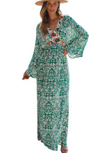 Load image into Gallery viewer, Maxi Dress | Green Abstract Pattern Print V Neck High Waist
