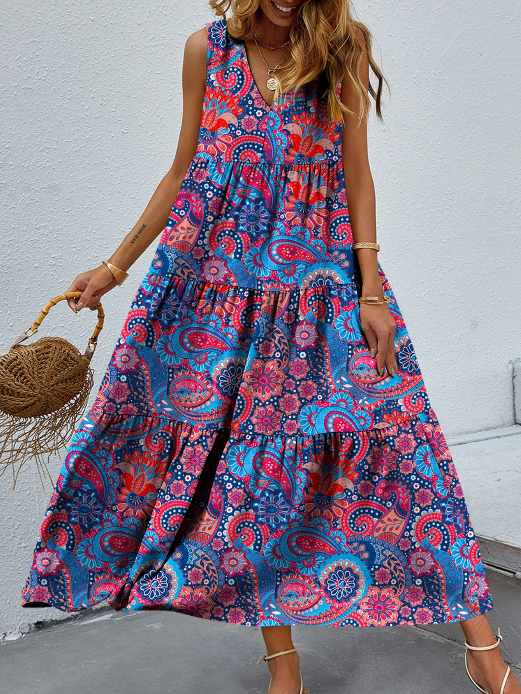 Maxi Dress | Tiered Printed V-Neck Sleeveless Dress