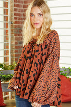 Load image into Gallery viewer, Brown Contrast Leopard Print Bubble Sleeve Blouse | Tops/Blouses &amp; Shirts
