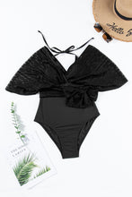 Load image into Gallery viewer, Black Lace Patchwork Short Sleeve Surplice Neck Monokini
