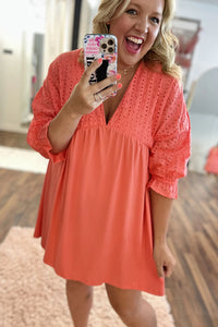 Carrot Plus Size Eyelet Contrast Bodice Babydoll Dress | Plus Size/Plus Size Dresses/Plus Size Mini Dresses