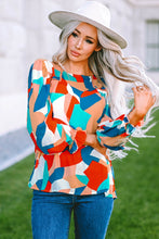 Load image into Gallery viewer, Multicolor Abstract Pattern Crewneck Ruffled Puff Sleeve Blouse | Tops/Blouses &amp; Shirts
