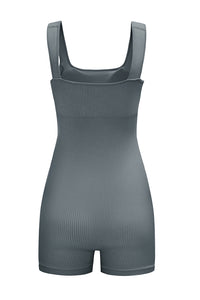 Gray Ribbed Square Neck Padded Sports Romper | Activewear/Yoga Jumpsuits