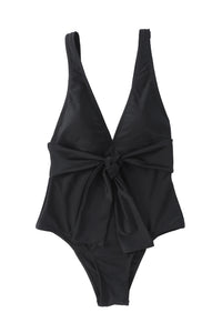 Black Deep V Neck Tie Waist One-piece Swimsuit | Swimwear/One Piece Swimsuit