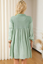 Load image into Gallery viewer, Puff Sleeve Dress | Green Patchwork Crinkle Shirt Dress
