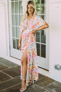 Multicolor Tropical Floral Print Ruched V Neck Maxi Dress | Dresses/Floral Dresses