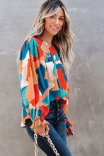 Load image into Gallery viewer, Multicolor Abstract Pattern Crewneck Ruffled Puff Sleeve Blouse | Tops/Blouses &amp; Shirts
