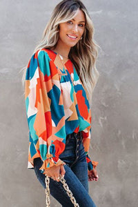 Multicolor Abstract Pattern Crewneck Ruffled Puff Sleeve Blouse | Tops/Blouses & Shirts