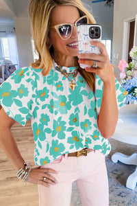 Green Floral Puff Sleeve Frilled Neckline Blouse | Tops/Blouses & Shirts