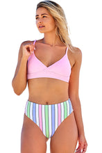 Load image into Gallery viewer, Pink Solid Color Top and Striped Bottom Bikini Set | Swimwear/Bikinis
