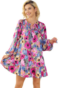 Multicolour Floral Tie Neck Bubble Sleeve Shift Dress | Dresses/Floral Dresses