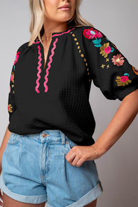 Puff Sleeve Top | Black Floral Embroidered Blouse