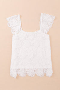 White Lace Crochet Ruffled Square Neck Tank Top | Tops/Tank Tops