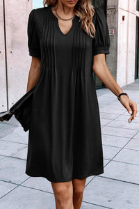 Black Notched Neck Pleated Puff Sleeve Shift T-shirt Dress | Dresses/T Shirt Dresses