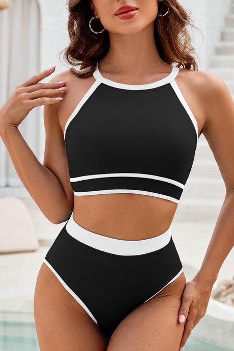 Black Contrast Trim Crisscross Back High Waisted Bikini | Swimwear/High Waisted Swimsuit