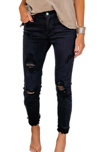 Black Distressed Raw Edge Cropped Skinny Jeans | Bottoms/Jeans