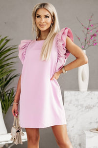 Mini Dress | Pink Round Neck Ruffle Shift Dress