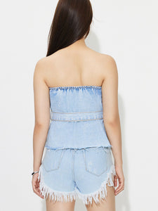 Denim Tube Top | Buttons Raw Hem