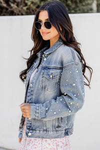 Pearl Beaded Denim Jacket | Sky Blue Pockets Denim Jacket