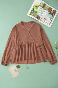 Brown Retro Patchwork Puff Sleeve Babydoll Top | Tops/Long Sleeve Tops