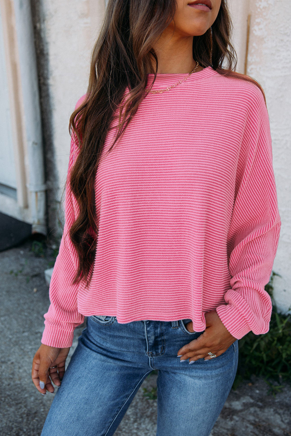 Pink Long Sleeve Top | Solid Color Textured Long Sleeve Tee