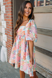 Pink Summer Floral Square Neck Puff Sleeve Babydoll Dress | Dresses/Floral Dresses