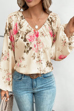 Load image into Gallery viewer, Beige Floral Print Lantern Sleeve V-Neck Blouse | Tops/Blouses &amp; Shirts
