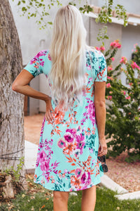 Sky Blue Short Sleeve High Waist Floral T-shirt Dress | Dresses/T Shirt Dresses