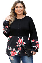 Load image into Gallery viewer, Black Plus Size Floral Printed Splicing Half Button Top | Plus Size/Plus Size Tops/Plus Size Long Sleeve Tops
