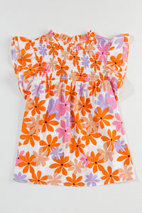 Orange Ruffled Sleeve Smocked Floral Top | Tops/Blouses & Shirts