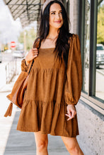 Load image into Gallery viewer, Chestnut Square Neck Puff Sleeve Tiered Corduroy Mini Dress
