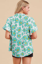 Load image into Gallery viewer, Green Floral Puff Sleeve Frilled Neckline Blouse | Tops/Blouses &amp; Shirts
