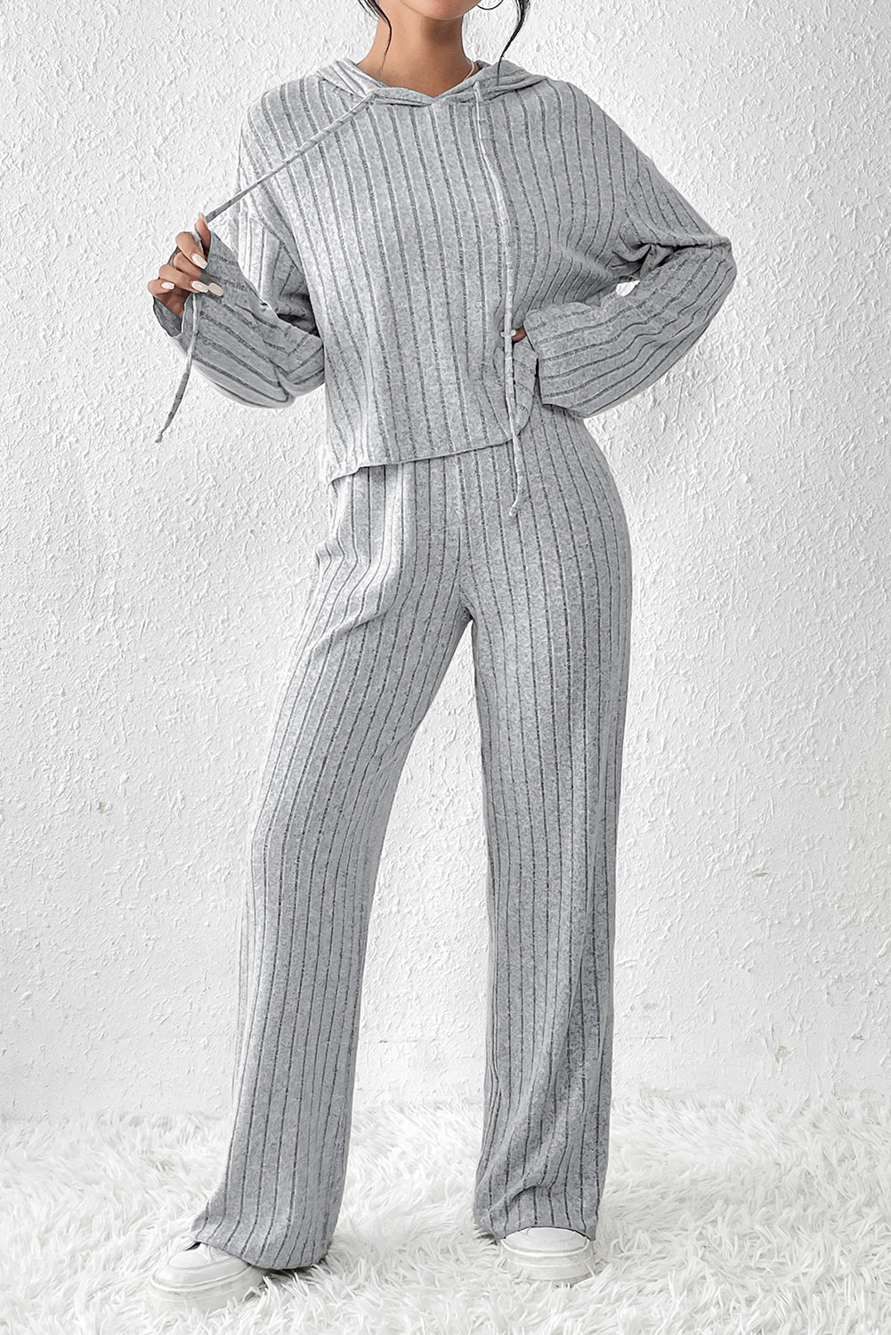 Wide Leg Pants Set | Gray Ribbed Knit Slouchy Hoodie