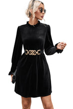 Load image into Gallery viewer, Black Velvet Frill Neck Long Sleeve Shift Dress | Dresses/Mini Dresses
