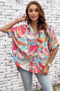 Multicolor Abstract Geometry Print Half Puff Sleeve Loose Shirt | Tops/Blouses & Shirts