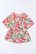 Load image into Gallery viewer, Multicolor Boho Abstract Pattern Split V Neck Flowy Blouse | Tops/Blouses &amp; Shirts
