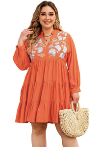 Tiered Ruffle Dress | Orange Plus Size Embroidered Dress